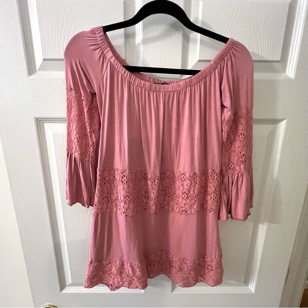 POL Pink Lace Trim Off-Shoulder Peasant Top